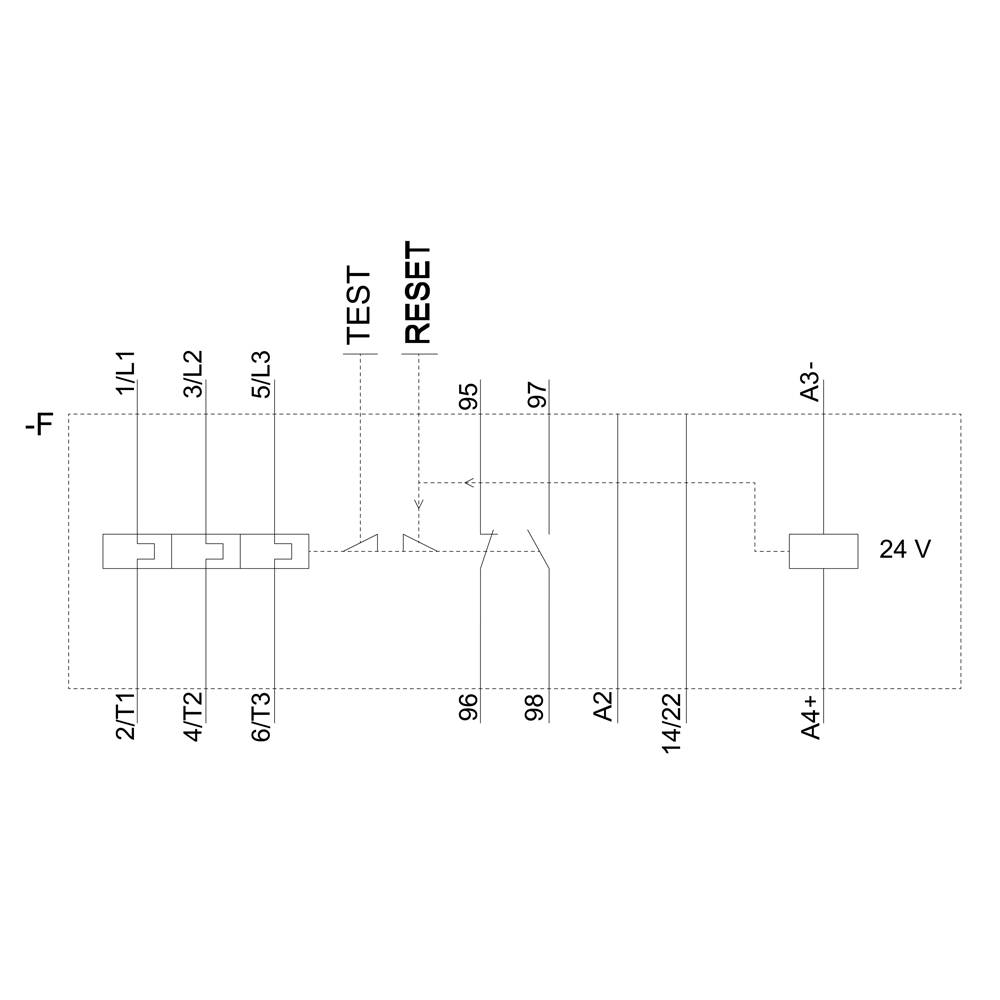 'Diagram of an electrical circuit diagram: TEST and RESET connections, connections at 24 V. Detailed routing with reference numbers.'