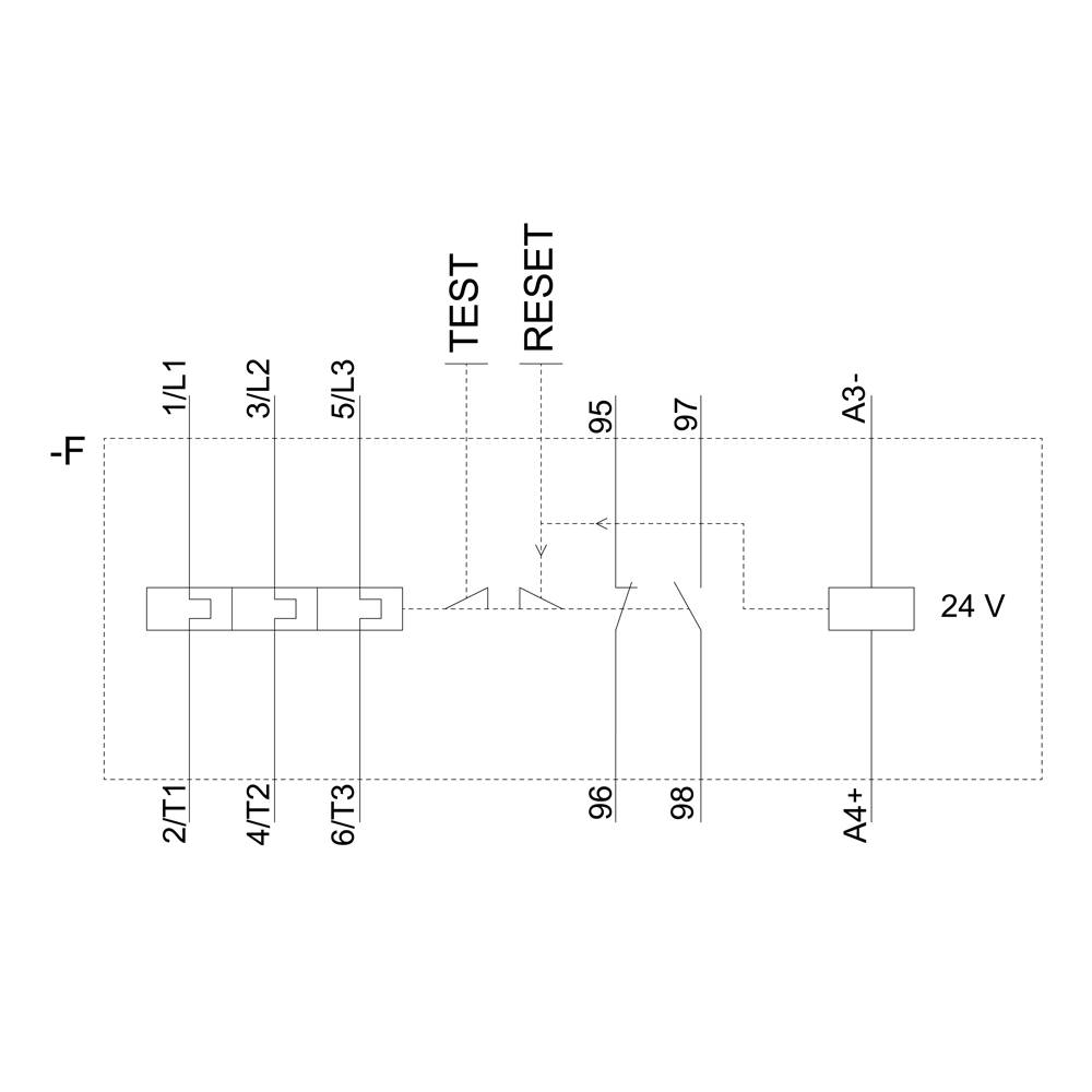 Circuit diagram of an electrical relay with connections 1/L1 to 6/T3 and test-reset function. Shows connections to 24V and A3-, A2+.