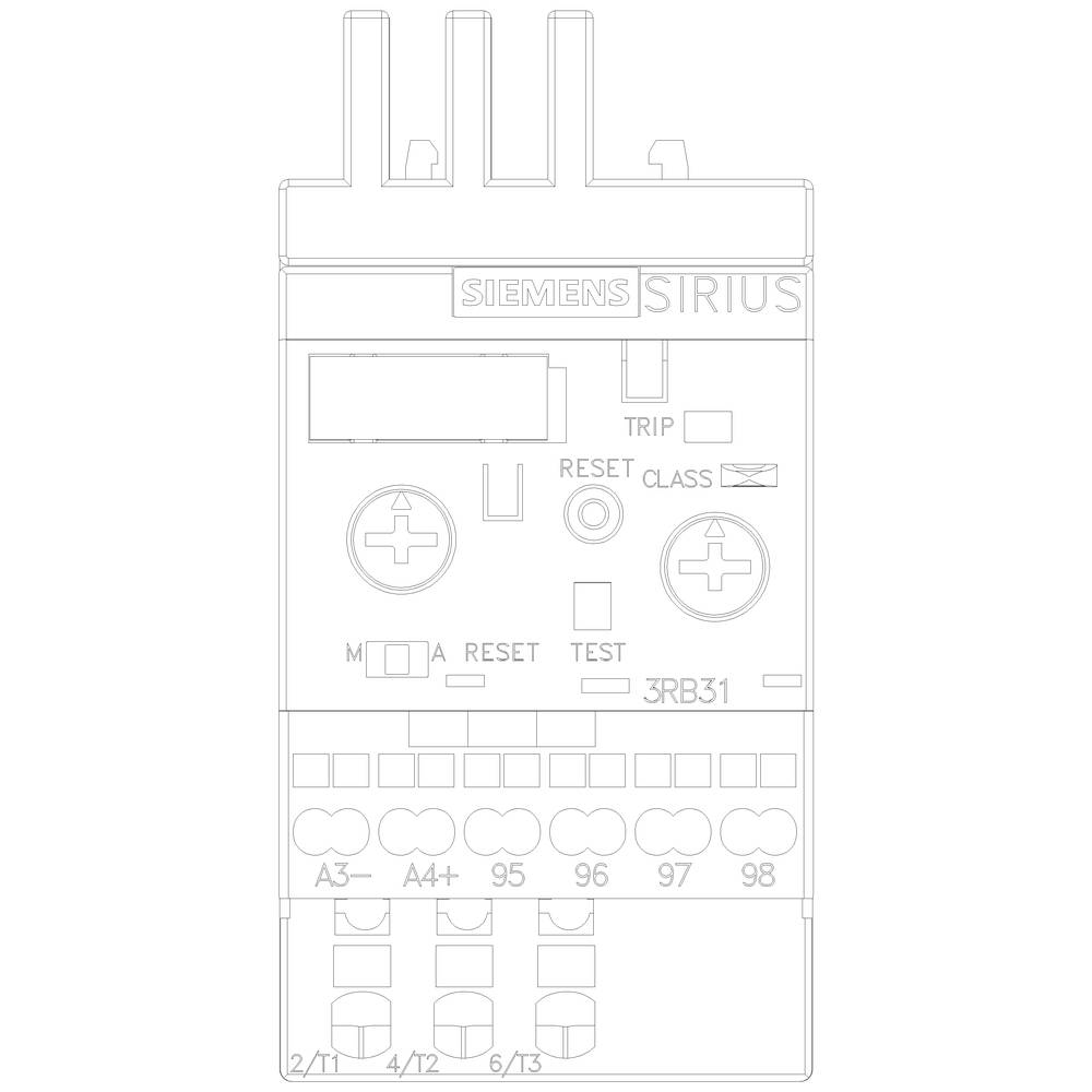 A circuit diagram of a Siemens Sirius overload relay. Shows connections and buttons for resetting and testing the device.