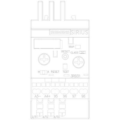 A circuit diagram of a Siemens Sirius overload relay. Shows connections and buttons for resetting and testing the device.