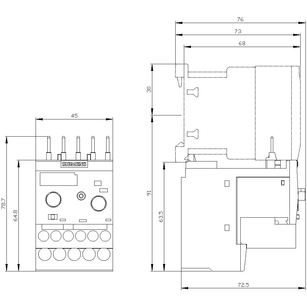 Technical drawing of an electrical component with dimensions in millimetres: width 45, height 64, depth 76. Manufacturer 'Siemens'.