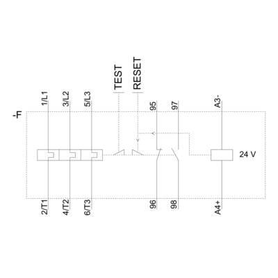Circuit diagram of an electrical circuit with labels TEST and RESET, showing connections and connections with 24 V power supply.
