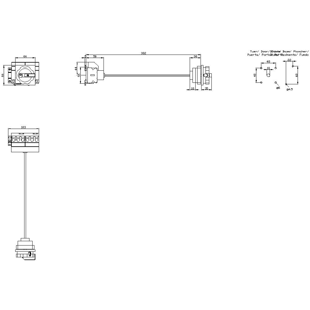 Technical drawing of a mechanical component with dimensions. Three views: side view, front view, and top view. Connecting structure and detailed dimensions described.