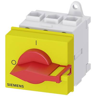 A yellow Siemens main switch with a red rotary handle, suitable for industrial electrical applications, shows ON and OFF positions.