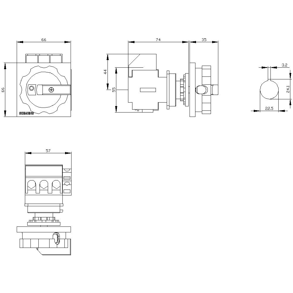 Technical drawing of a component with different views, including front, side, and top view, with dimensions in millimetres.