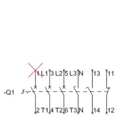 'Q1' shows an electrical circuit diagram with three phases L1, L2, L3 and a protective switch. An X marks a separation at L1.