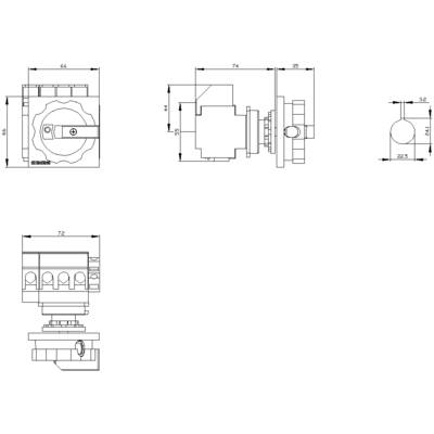 Technical drawing of a switch with side, front, and top views. Dimensions and spacing are shown in detail.