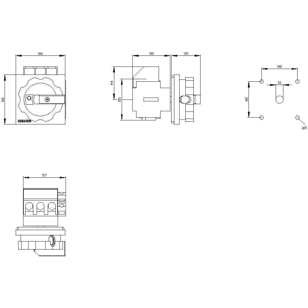 Technical drawing of a switch with various views and dimensions in millimetres. Top left: front view, top right: side view, bottom left: rear view.