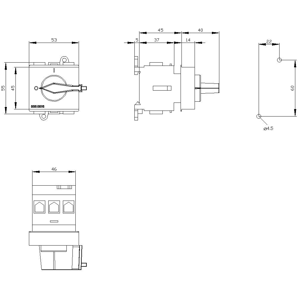 Technical drawing of a switch with dimensions: 53x65 mm housing, 45 mm width, 60 mm height, showing side and front view.
