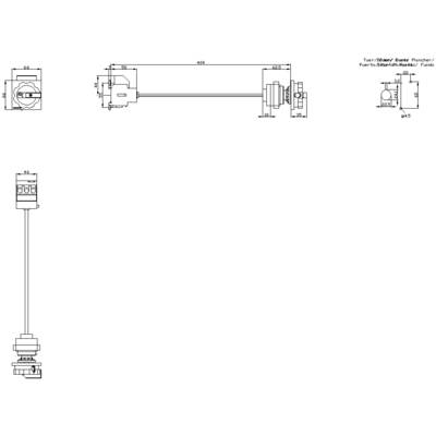 Technical drawing of a mechanical component with dimensions. Top left: plan view, top right: side view, details marked.