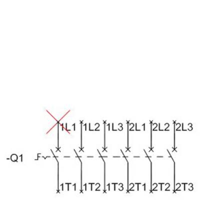 Circuit diagram of a contactor showing a fault location at contact L1; indicates the sequence of contacts and connections from L1 to L3, T1 to T3.
