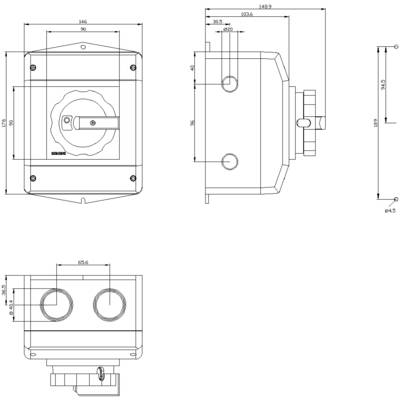 Technical drawing of a rectangular enclosure with a rotary switch. Dimensions and views from the front, top, and side are provided.