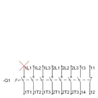 Circuit diagram of an electrical circuit with symbolically represented relays and connections. On the left: crossed-out symbol '1L1'.