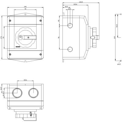 Technical drawing of a rectangular enclosure with a circular cutout. Dimensions and views from the front, side, and top are shown.