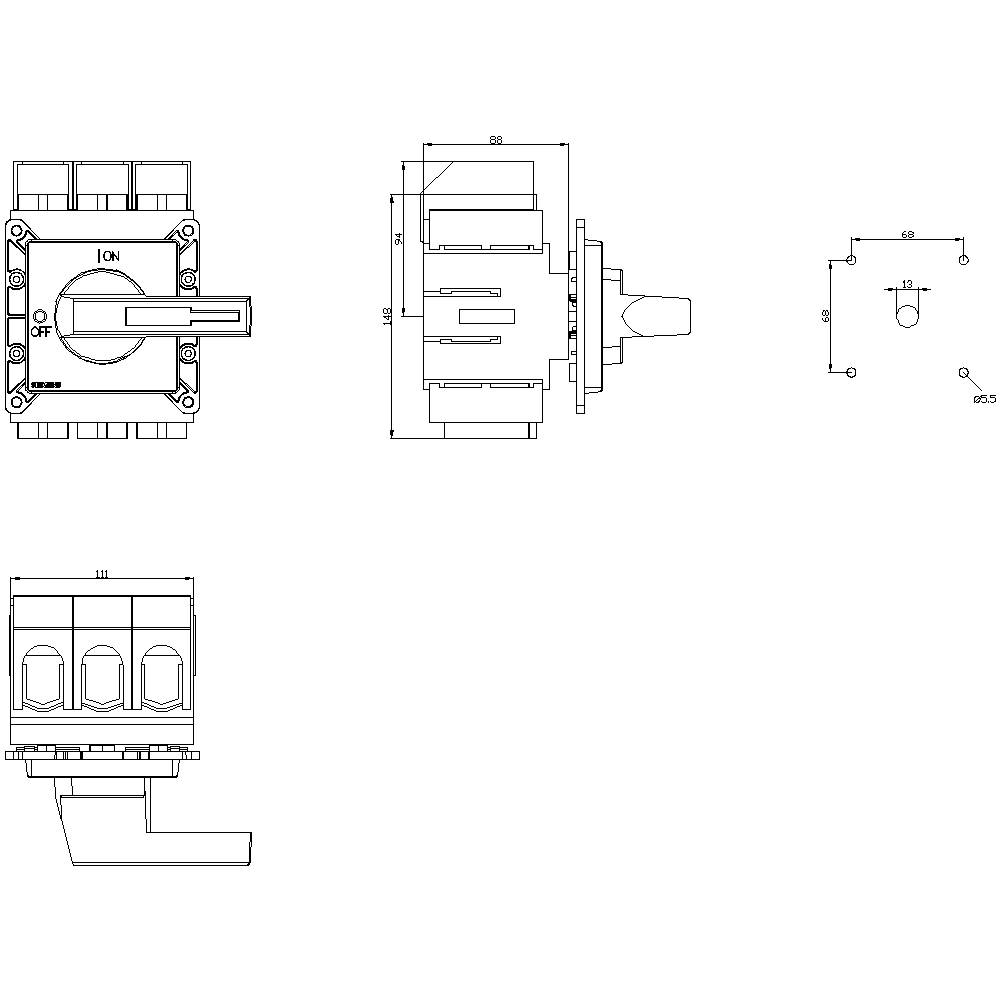 Technical drawing of a switch with various views and dimensions, showing details of size and functionality.