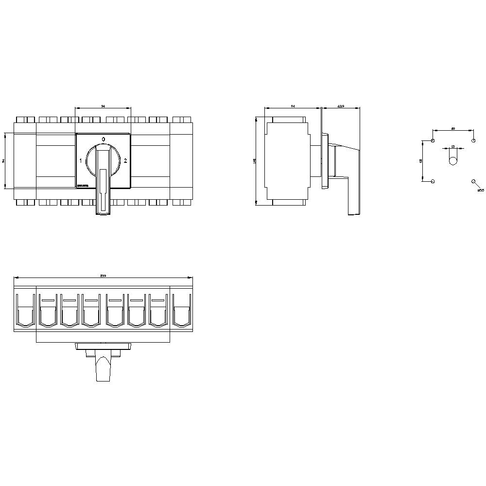 'Tekla switch with six-stage rotation, detailed technical drawing with front, side and top views, drawn to scale.'