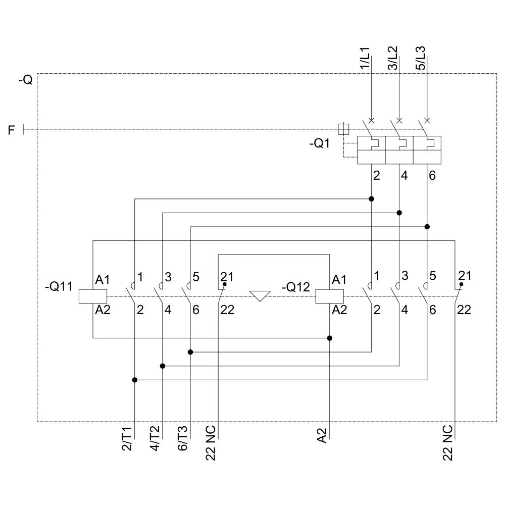 'Protective Switching with Three Main Contacts' shows an electrical diagram with contactors Q1 to Q11 and connections such as T1, T2, T3.