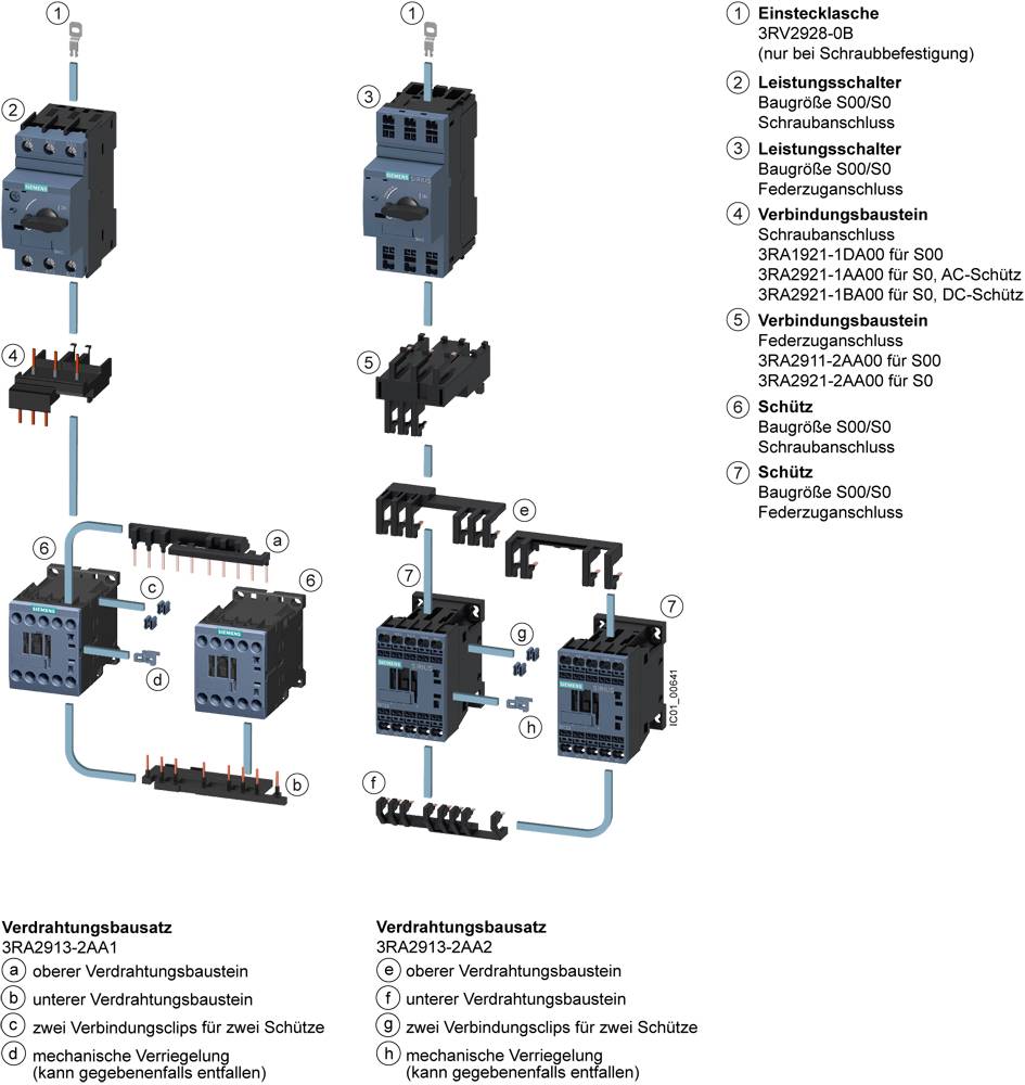 Two switching devices with wiring kits are schematically depicted. They are connected via connecting plugs and terminal screws. Left: 3RA2913-2AA11, right: 3RA2913-2AA12.
