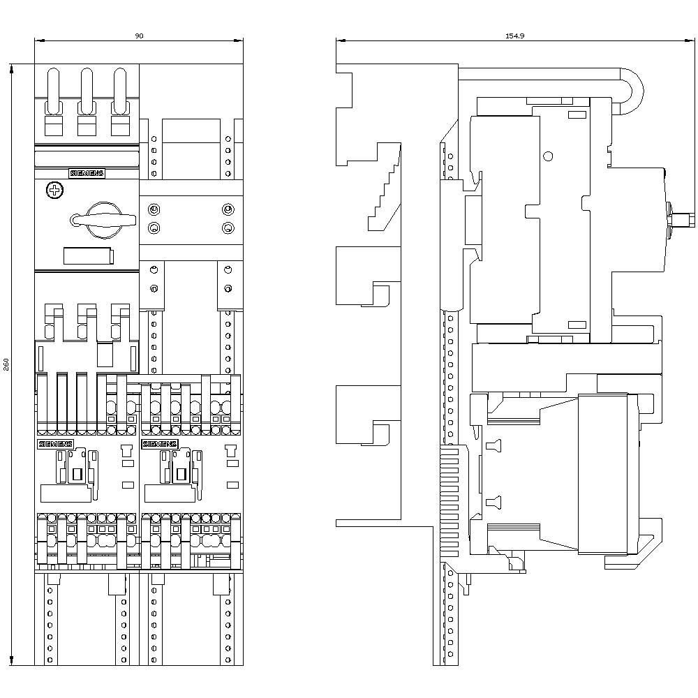 'Technical drawing of an electrical control cabinet with fuses, switches, and connections. Detailed dimensions and arrangement of elements.'