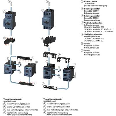 Wiring diagram for the installation of contactors and connection elements with various modules and connections, numbered for identification.
