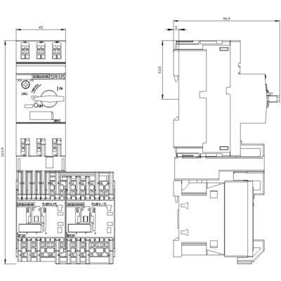 Technical drawing of electrical switching modules with dimensional specifications, front and side view, labelled SIRIUS.