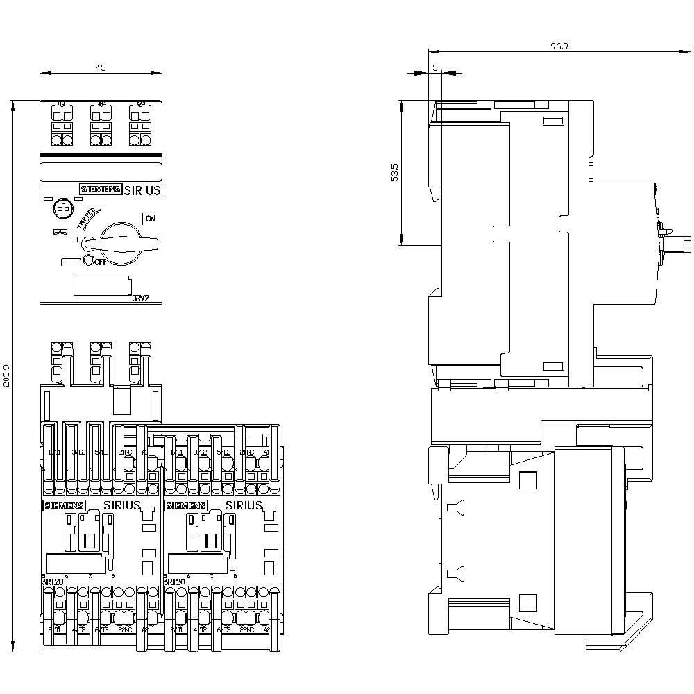 Technical drawing of an electrical switch with dimensions. Front and side view, details of switching components.