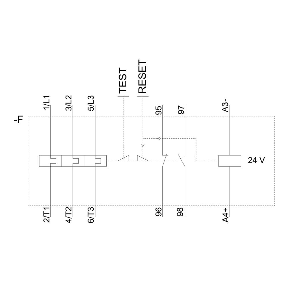 'Wiring diagram of a safety switching device with test and reset switches. Connection points: 1/L1, 3/L2, 5/L3, A3-, A4+, 24V.'