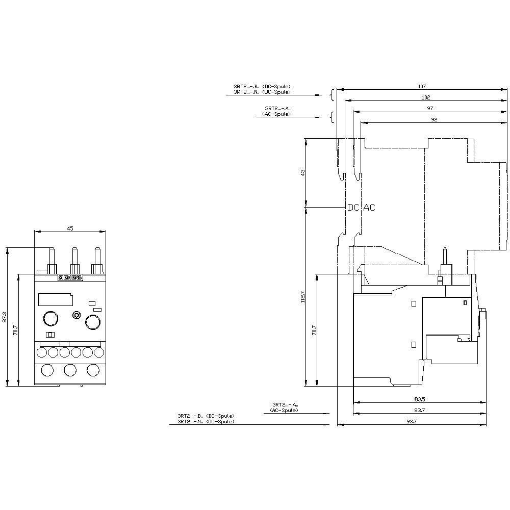 Technical drawing of an electrical device with dimensional specifications in millimetres and views from different perspectives.