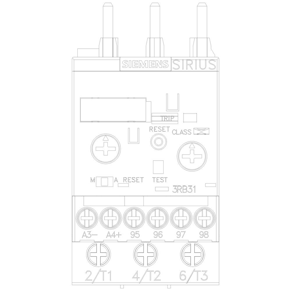 'Illustration of a switchgear device with buttons and labels for functions such as Reset and Test. At the top is the text 'Siemens SIRIUS'.'