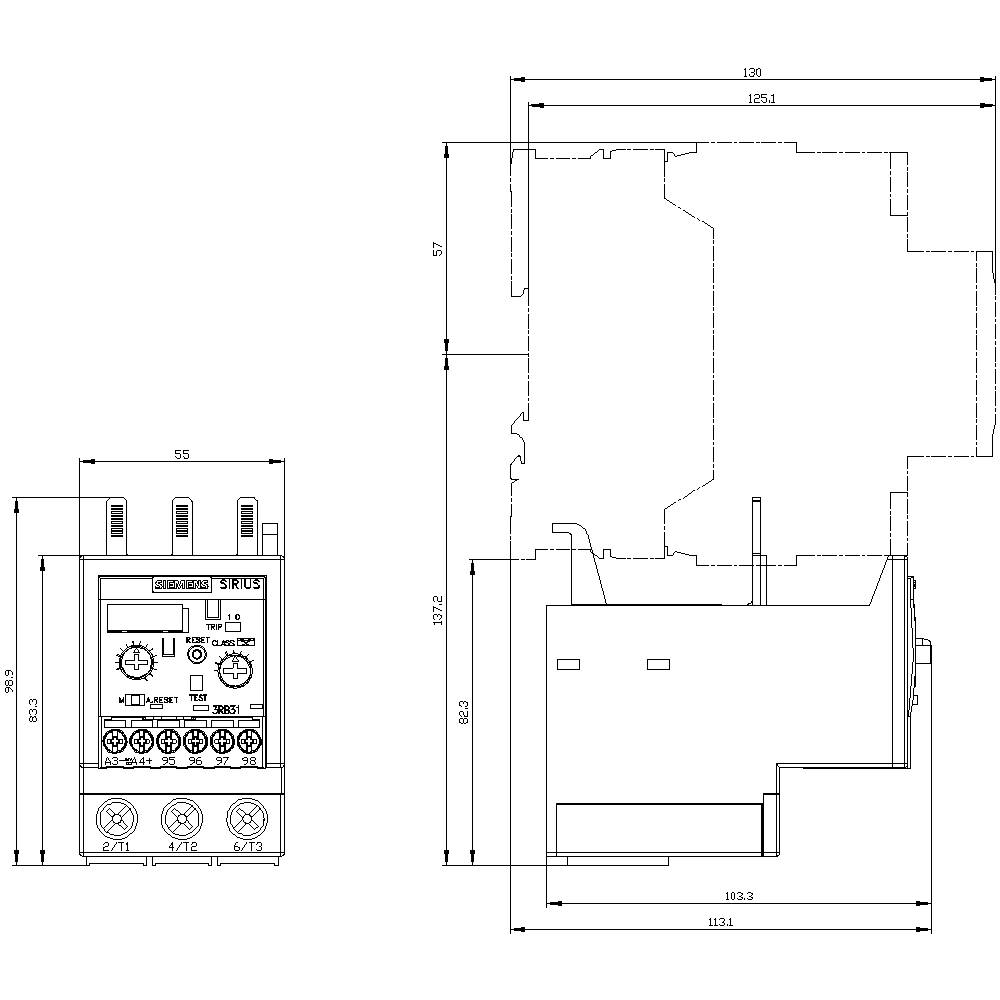 Technical drawing of an electrical relay with front and side view. Contains dimensions and diagrams for installation and maintenance.
