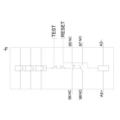 'RESET' switch shows to terminal 97 NO, 'TEST' switch to terminal 95 NC. Terminals: 96 NC, 98 NO, A4+, A3-, TF. Diagram with contact relationships.