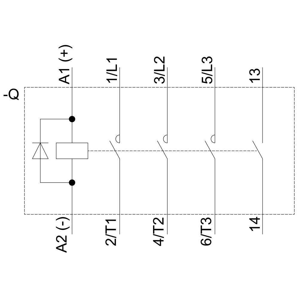 Circuit diagram of a three-phase relay with inputs A1 (+), A2 (-) and outputs 1/L1, 3/L2, 5/L3. Switches 2/T1, 4/T2, 6/T3 open/close.