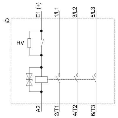 Circuit diagram shows a rectifier bridge (RV) between -Q and E1 (+), connected to A2. Connections to L1, T1, L2, T2, L3, T3.