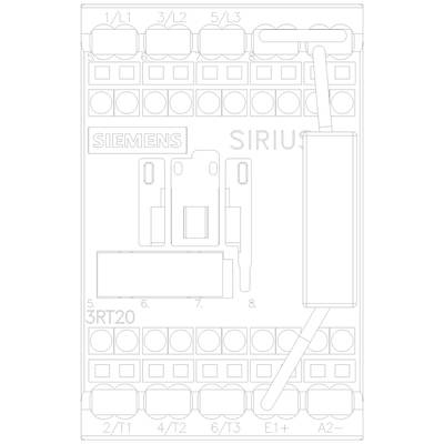 Circuit diagram of a Siemens SIRIUS contactor. Shows connections at the top and bottom, brand name 'SIEMENS' and 'SIRIUS' in the centre.