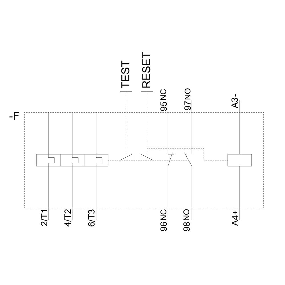 Circuit diagram of an electrical switching system with terminal labels 'T1', 'T2', 'T3', 'NC', 'NO', 'TEST' and 'RESET'.