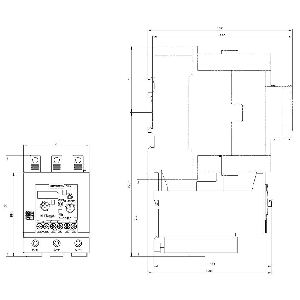 Electrical circuit diagram of a device with dimensions in millimetres. Shows connections, buttons and internal structure.