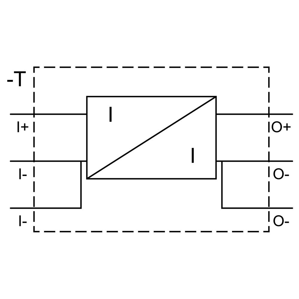 A rectangle with a diagonal dividing line, indicating electrical connections, including inputs and outputs with "+" and "-" symbols.