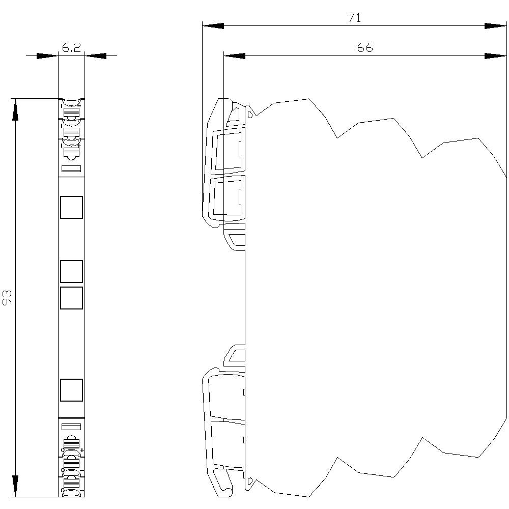 Technical drawing of two device views with dimension markers: height 93 mm, width 71 mm, depth 66 mm and 6.2 mm.