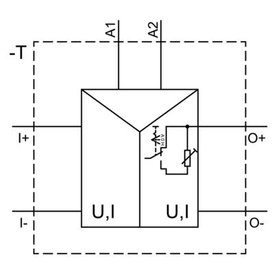 A circuit diagram shows two parallel circuits with U, I marked and an integrated diode symbol. A1 and A2 terminals appear at the top.