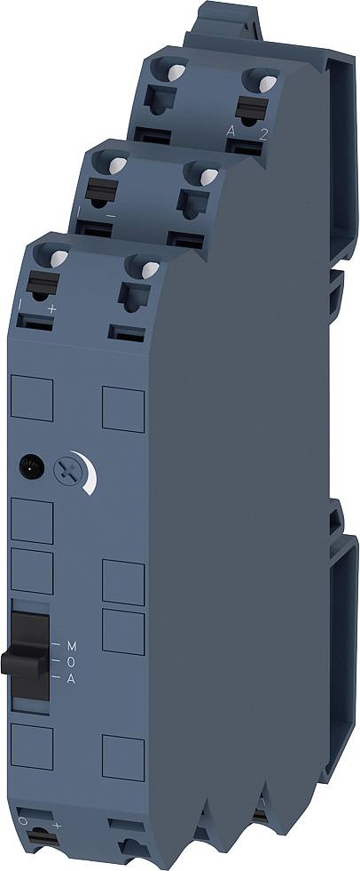 A blue, slim electrical relay module with a side switch and multiple terminal connections for industrial applications.