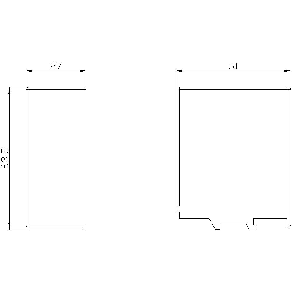 Drawing of a rectangular object with dimensions 63.5 x 27 and 51 x 51. Shows external and side view in simple line form.