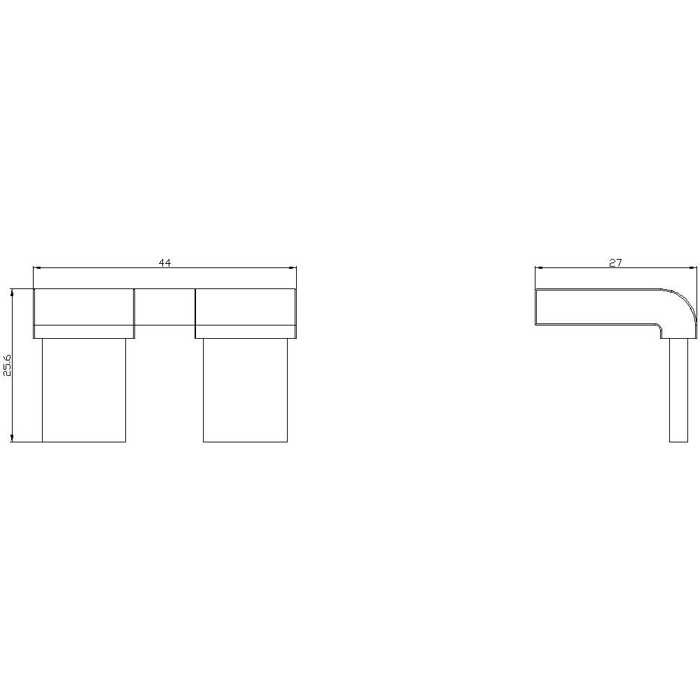 Technical drawing of an angle with two views. Dimensions: 44 mm width, 25.4 mm height, 27 mm depth.