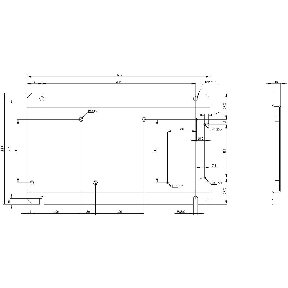 Technical drawing of a rectangular metal plate with precise dimensions and drill holes. Detailed measurements in millimetres.
