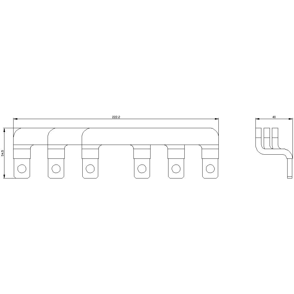 Technical drawing of a metal part with six fixing holes and dimensions for length and width; side view on the right.