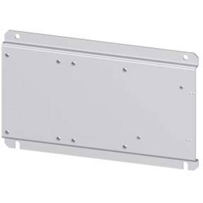 Metal plate with several drilled holes, rectangular in shape, edges slightly chamfered.