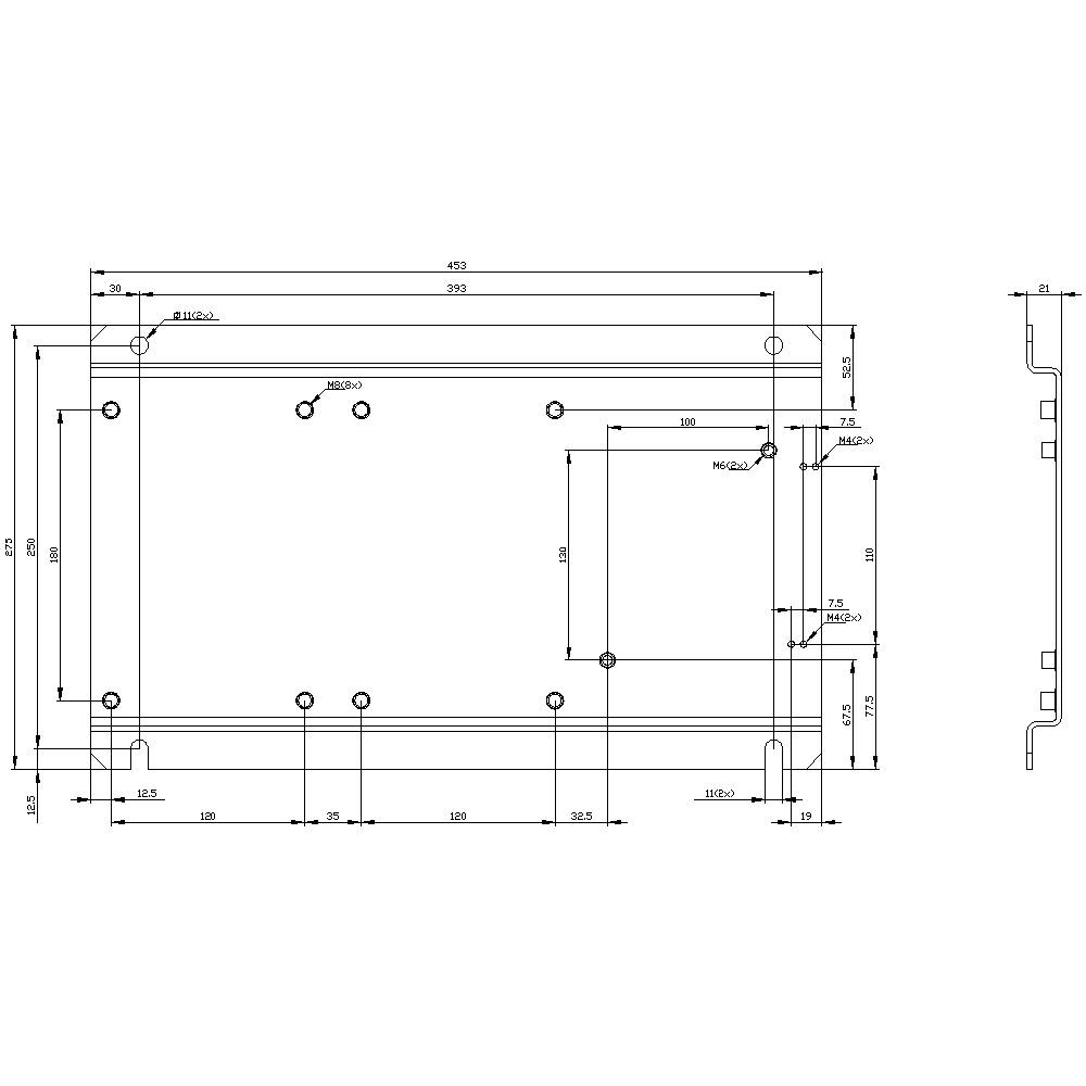 Technical Drawing of a Rectangular Metal Sheet with Detailed Dimensional Specifications in Millimetres. Shows Drill Holes and Dimensions.