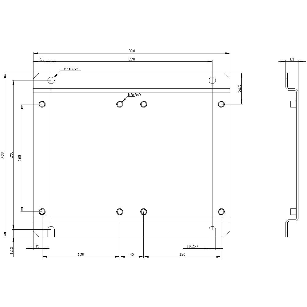 'Technical drawing of a rectangular metal frame with dimensions in millimetres. Shows precise distances and drilling hole positions.'
