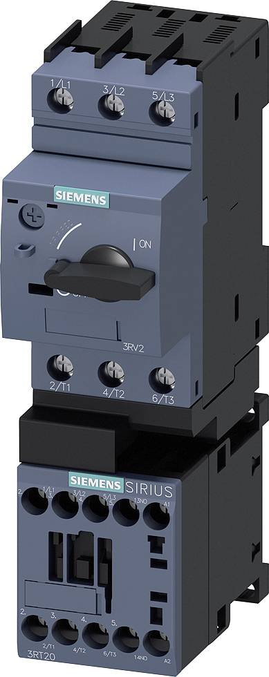 A blue Siemens contactor with multiple connection terminals, used for controlling electrical circuits.