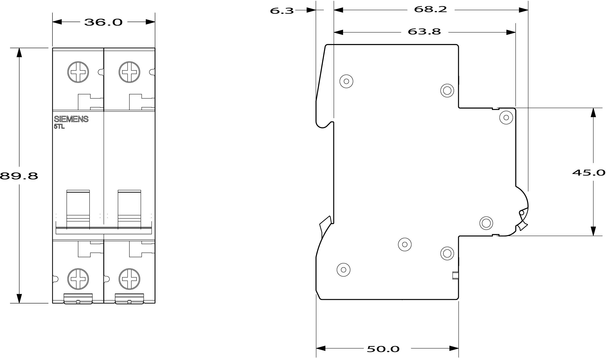 Drawing of an electrical switch with dimensions: 36.0 mm wide on the left, 68.2 mm high on the right, overall height 89.8 mm.
