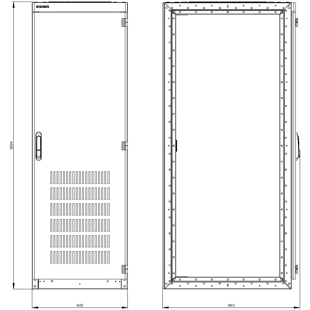 Technical drawing of a metal cabinet with door view and dimensions 600 mm width and 1984 mm height, showing ventilation openings.